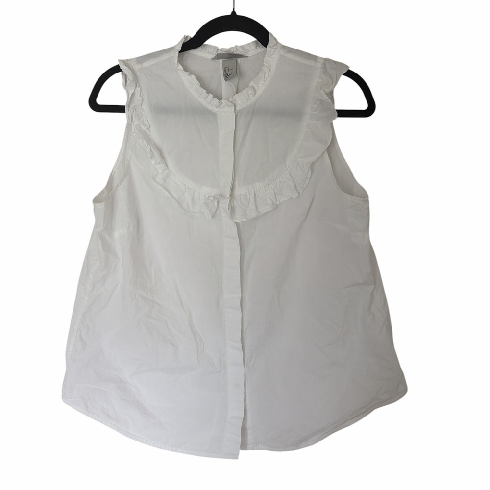 H&M White Sleeveless Ruffle Collar Blouse